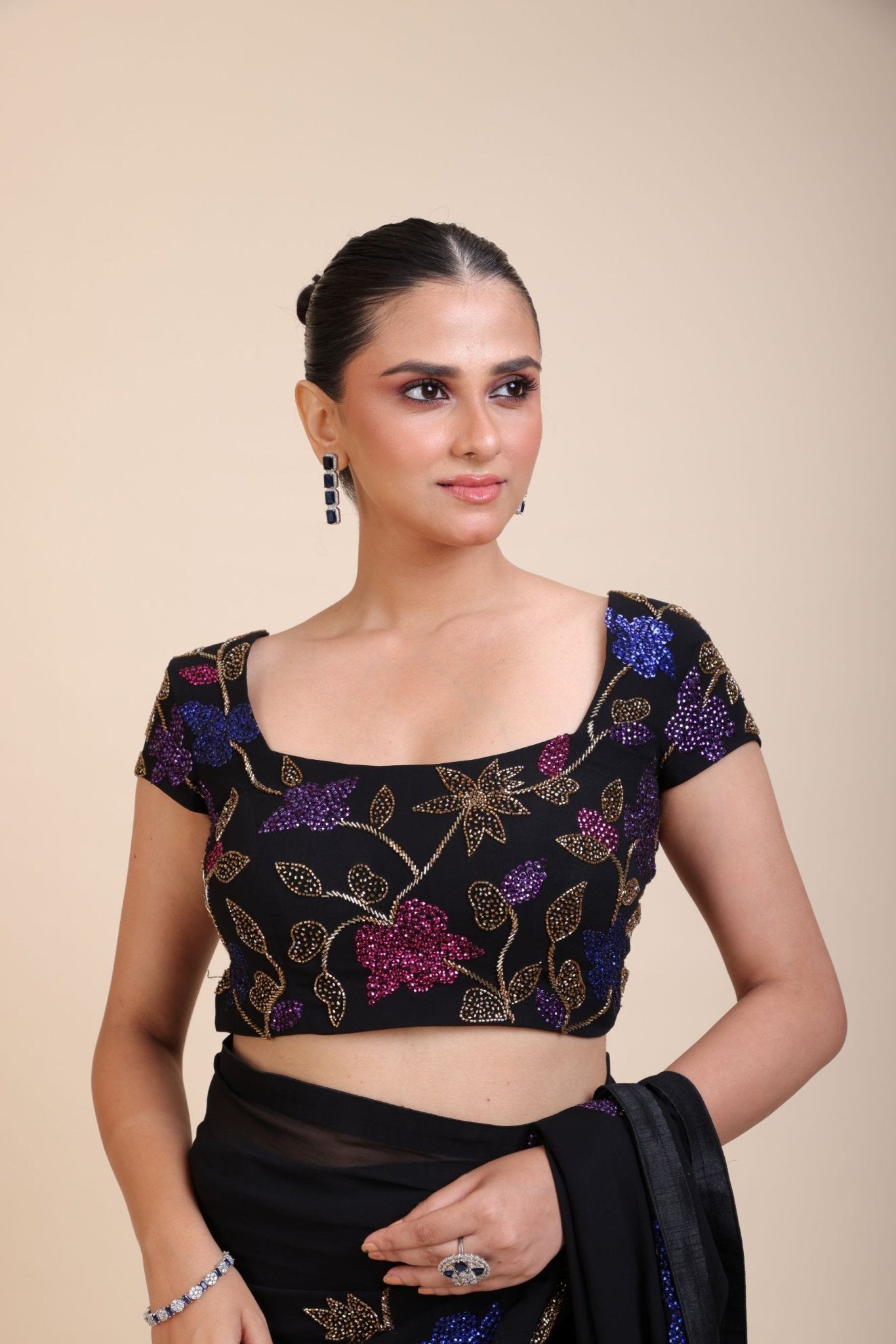 Black Square Neck Sequin Embroidered Blouse - Anvi Couture