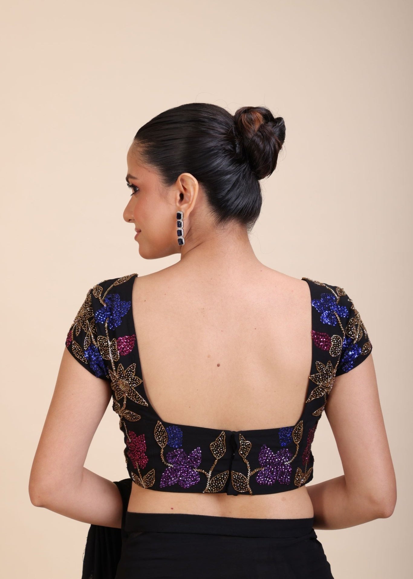 Black Square Neck Sequin Embroidered Blouse - Anvi Couture