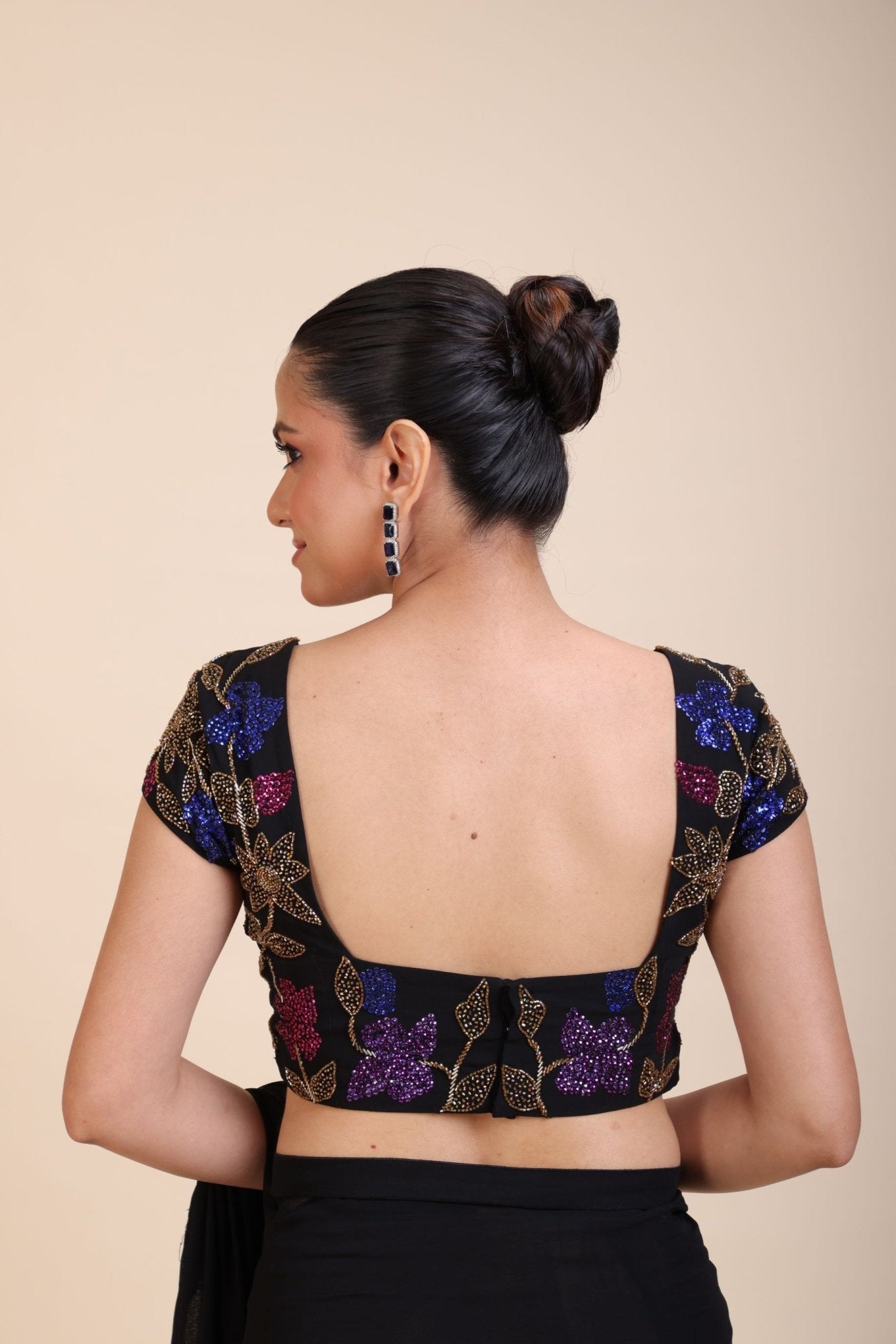 Black Square Neck Sequin Embroidered Blouse - Anvi Couture