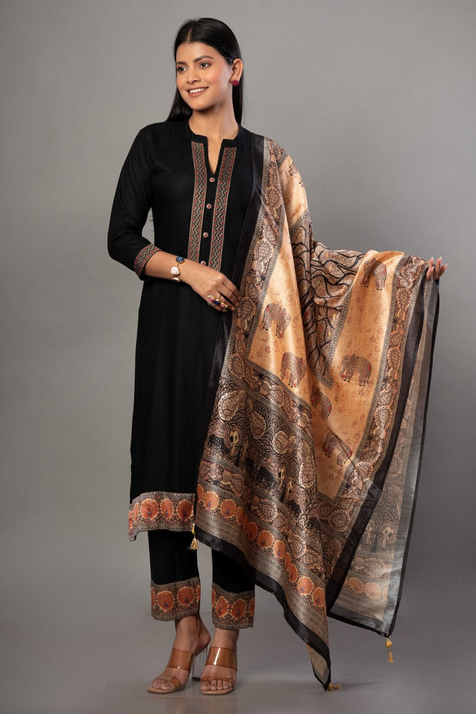 Black Straight Kurti Set with Printed Dupatta