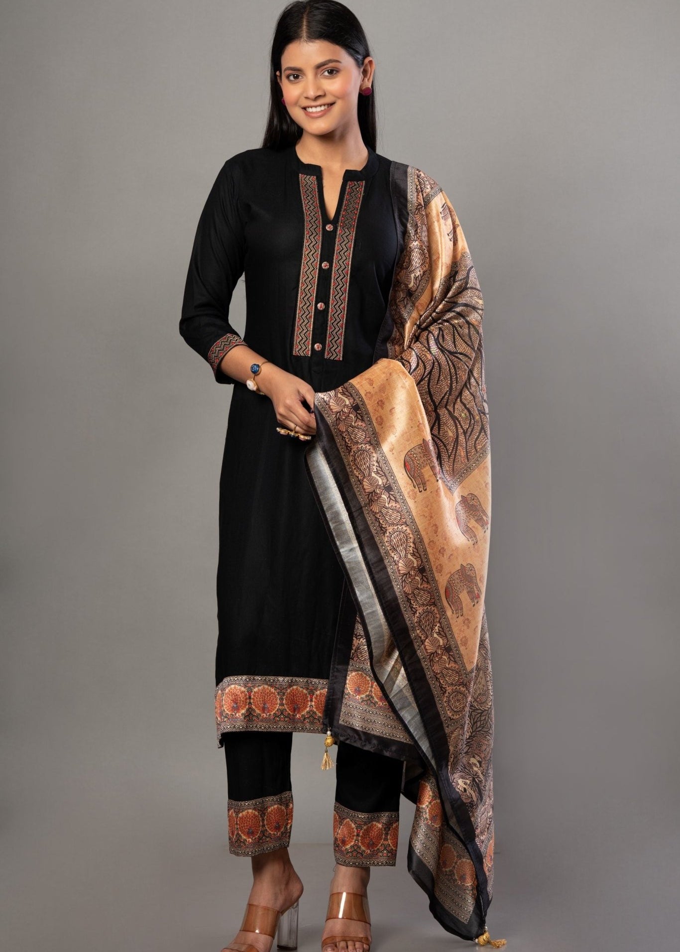 Black Straight Kurti Set with Printed Dupatta - Anvi Couture