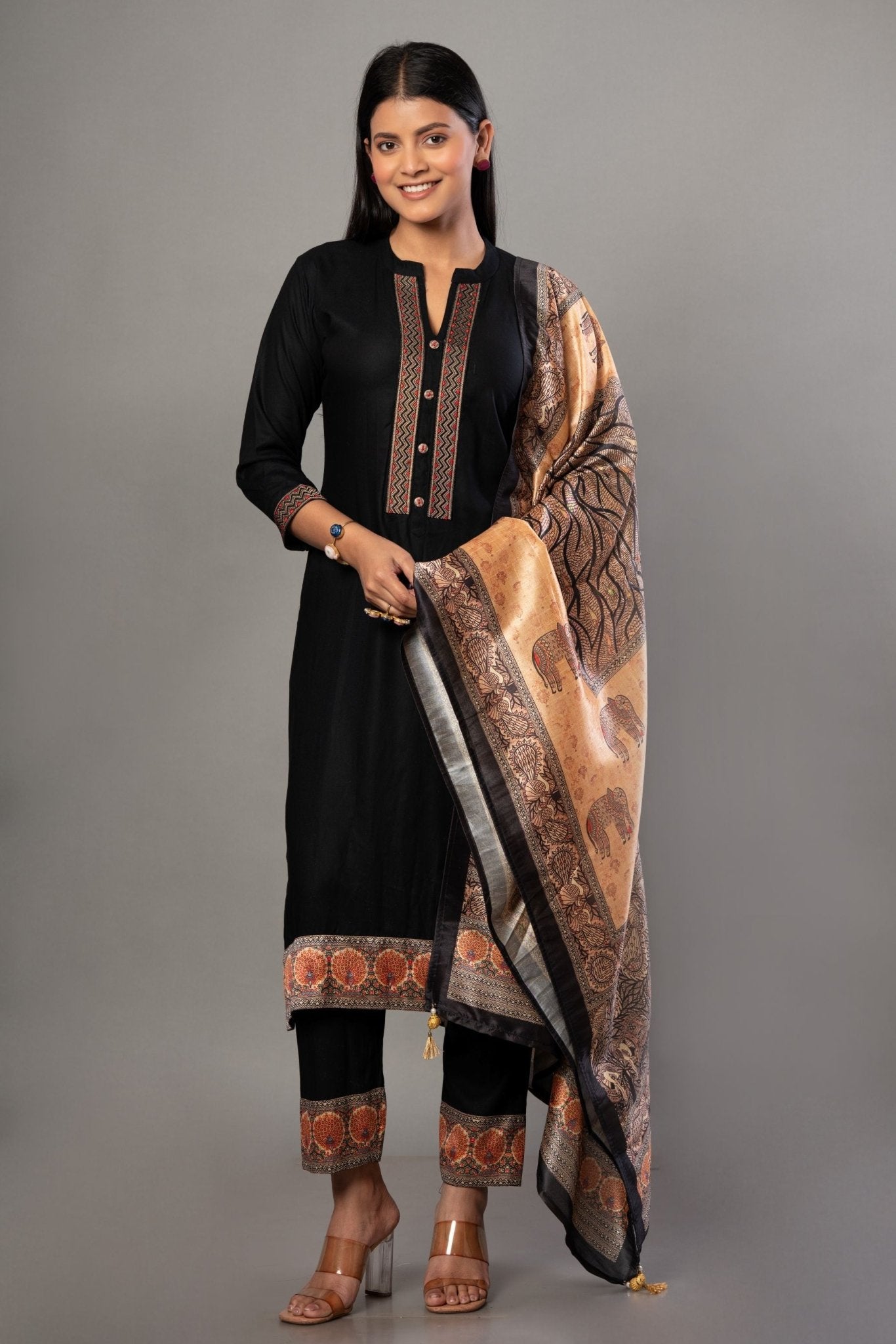 Black Straight Kurti Set with Printed Dupatta - Anvi Couture