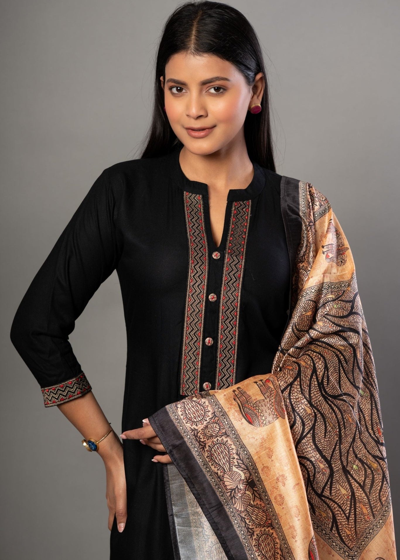 Black Straight Kurti Set with Printed Dupatta - Anvi Couture