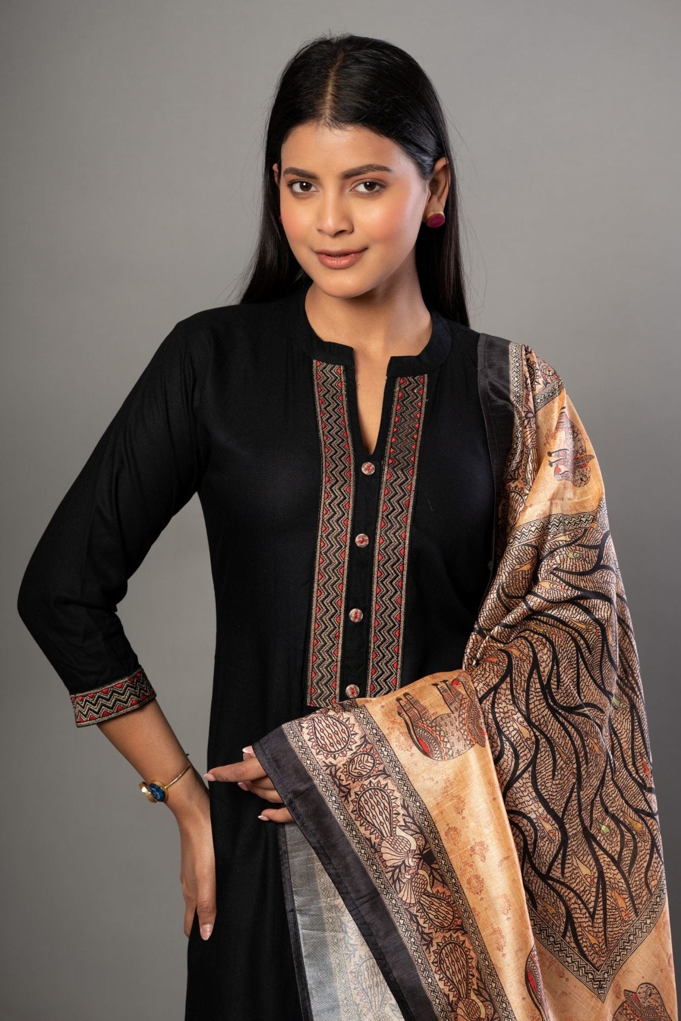 Black Straight Kurti Set with Printed Dupatta - Anvi Couture