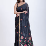 Black Tant Jamdani Saree With Pink Floral Weaving Full

