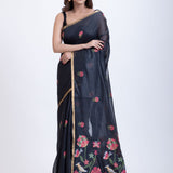Black Tant Jamdani Saree With Pink Floral Weaving Full

