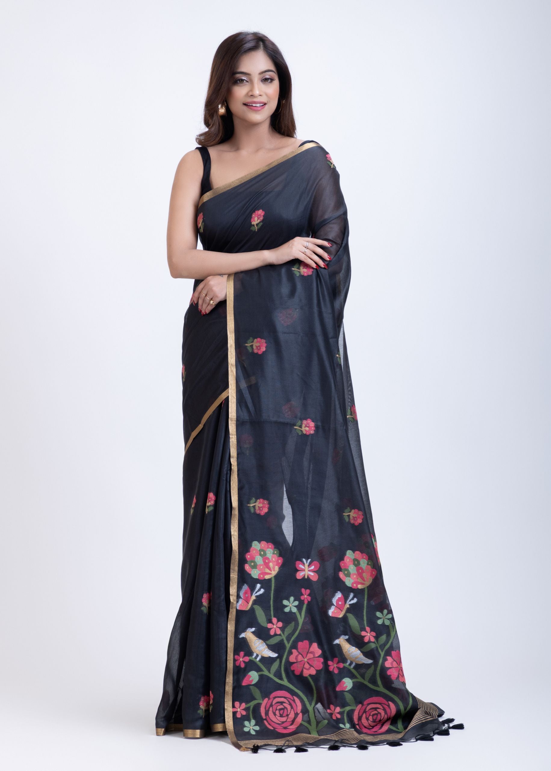 Black Tant Jamdani Saree With Pink Floral Weaving Full
