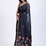 Black Tant Jamdani Saree With Pink Floral Weaving Front
