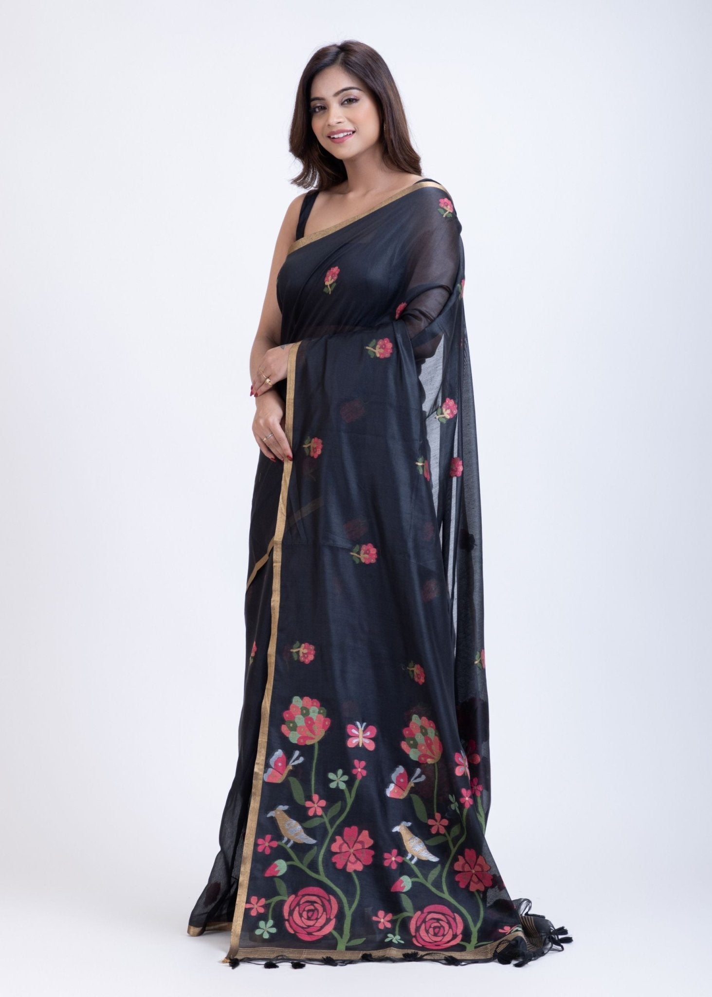 Black Tant Jamdani Saree With Pink Floral Weaving - Anvi Couture