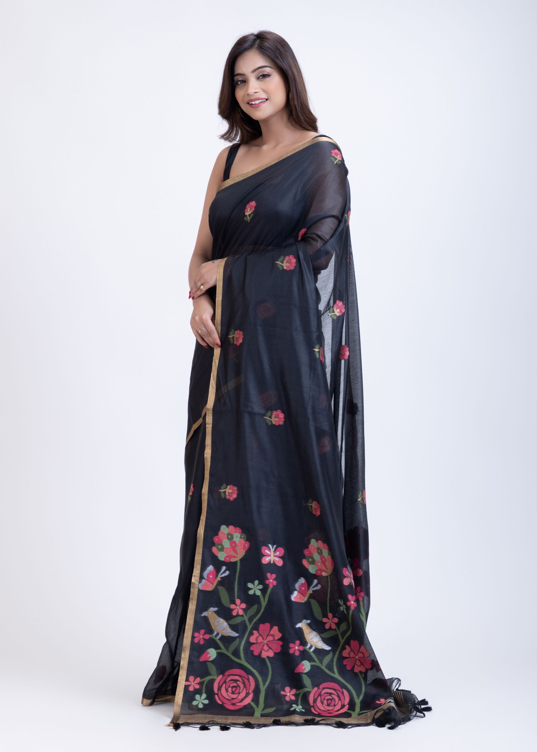 Black Tant Jamdani Saree With Pink Floral Weaving Front
