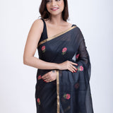 Black Tant Jamdani Saree With Pink Floral Weaving Close Up
