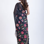 Black Tant Jamdani Saree With Pink Floral Weaving Back
