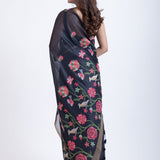 Black Tant Jamdani Saree With Pink Floral Weaving Back
