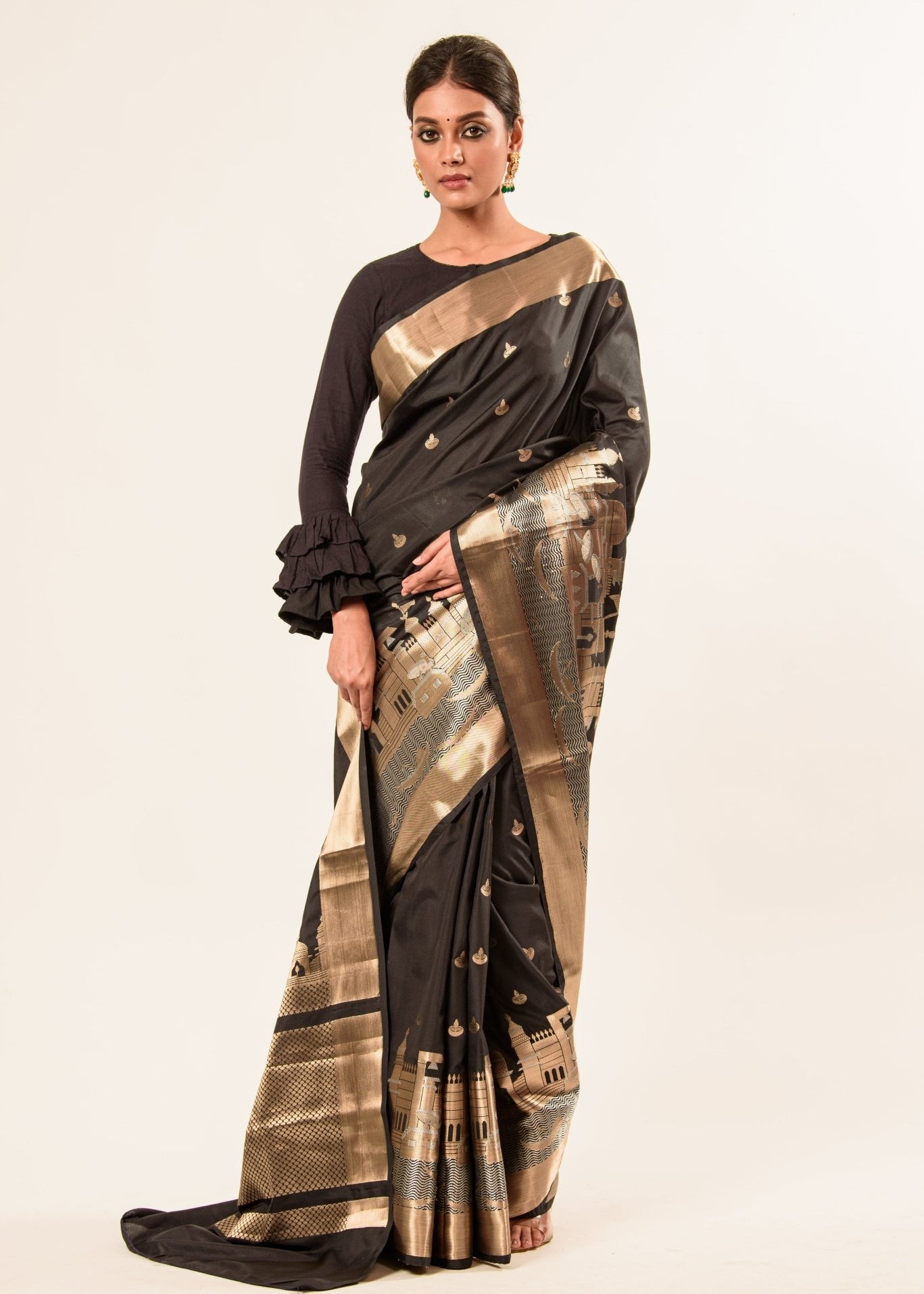 Black Temple Border  Katan Banarasi Saree