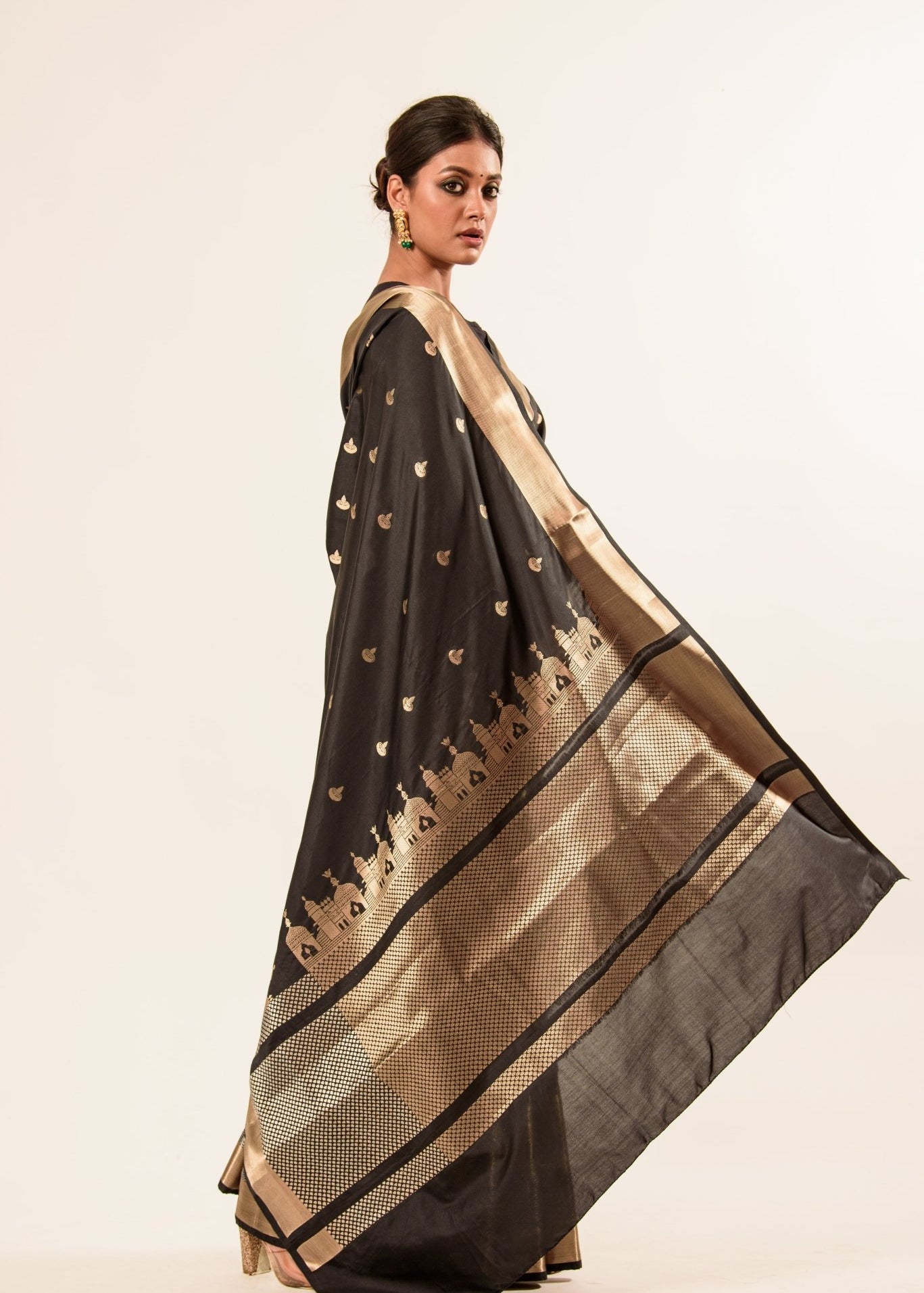 Black Temple Border Handwoven Katan Banarasi Saree