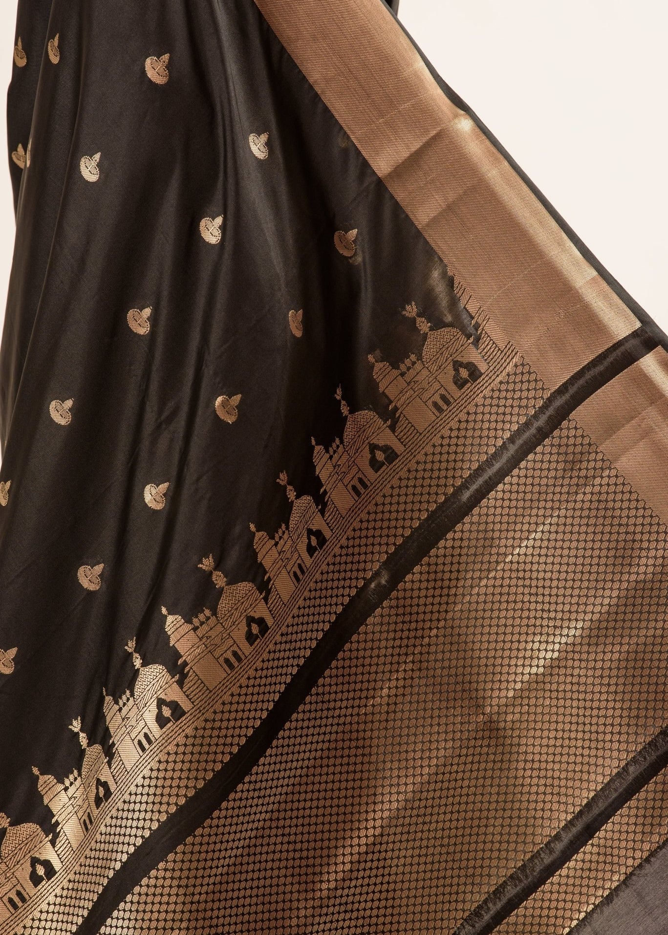 Black Temple Border Handwoven Katan  Saree