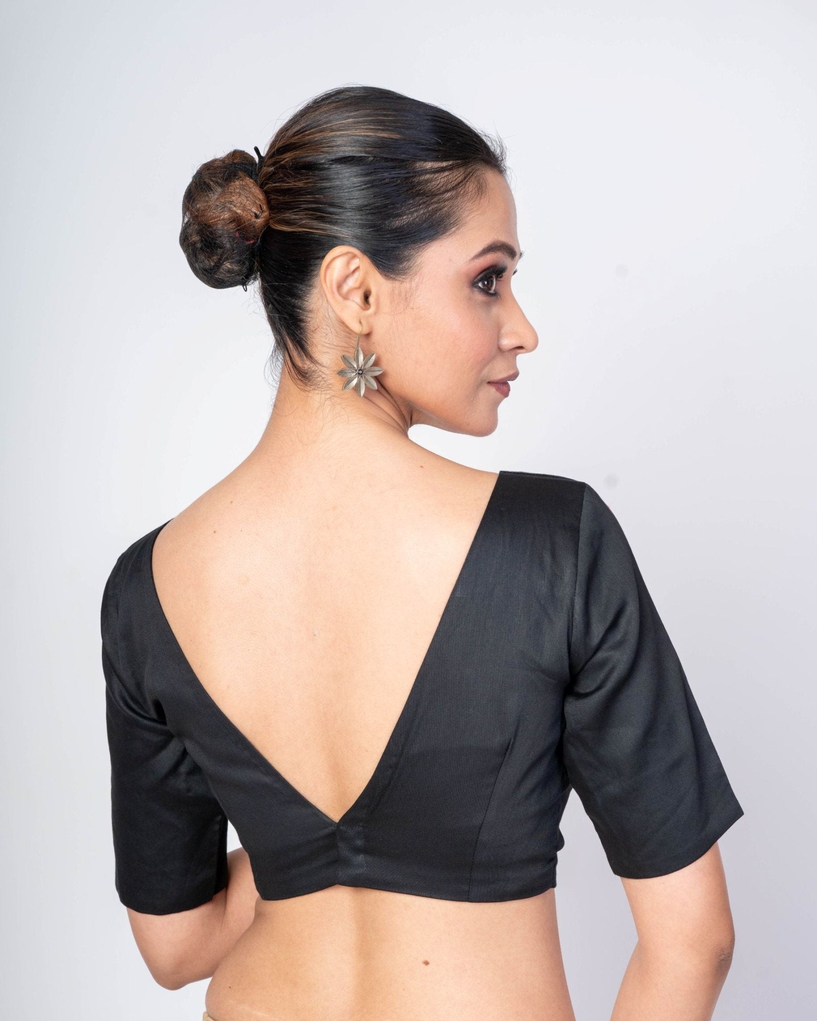 Black V Neck Readymade Cotton Silk Blouse with Elbow Sleeves Blouse - Anvi Couture