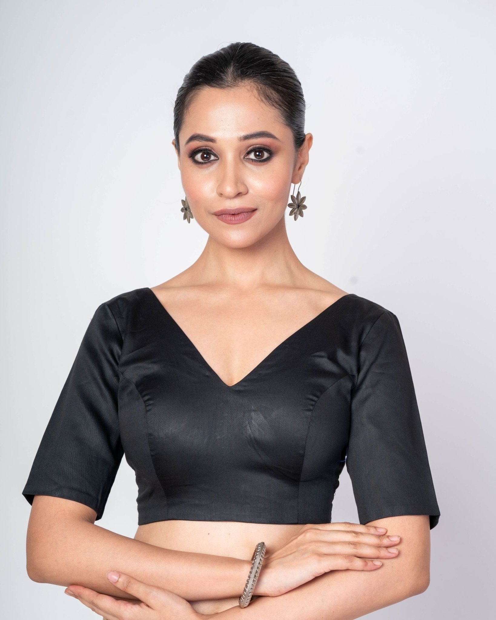 Black V Neck Readymade Cotton Silk Blouse with Elbow Sleeves Blouse - Anvi Couture