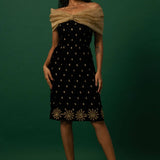 Black Velvet Dress with Organza Off-Shoulder Shrug - Anvi Couture