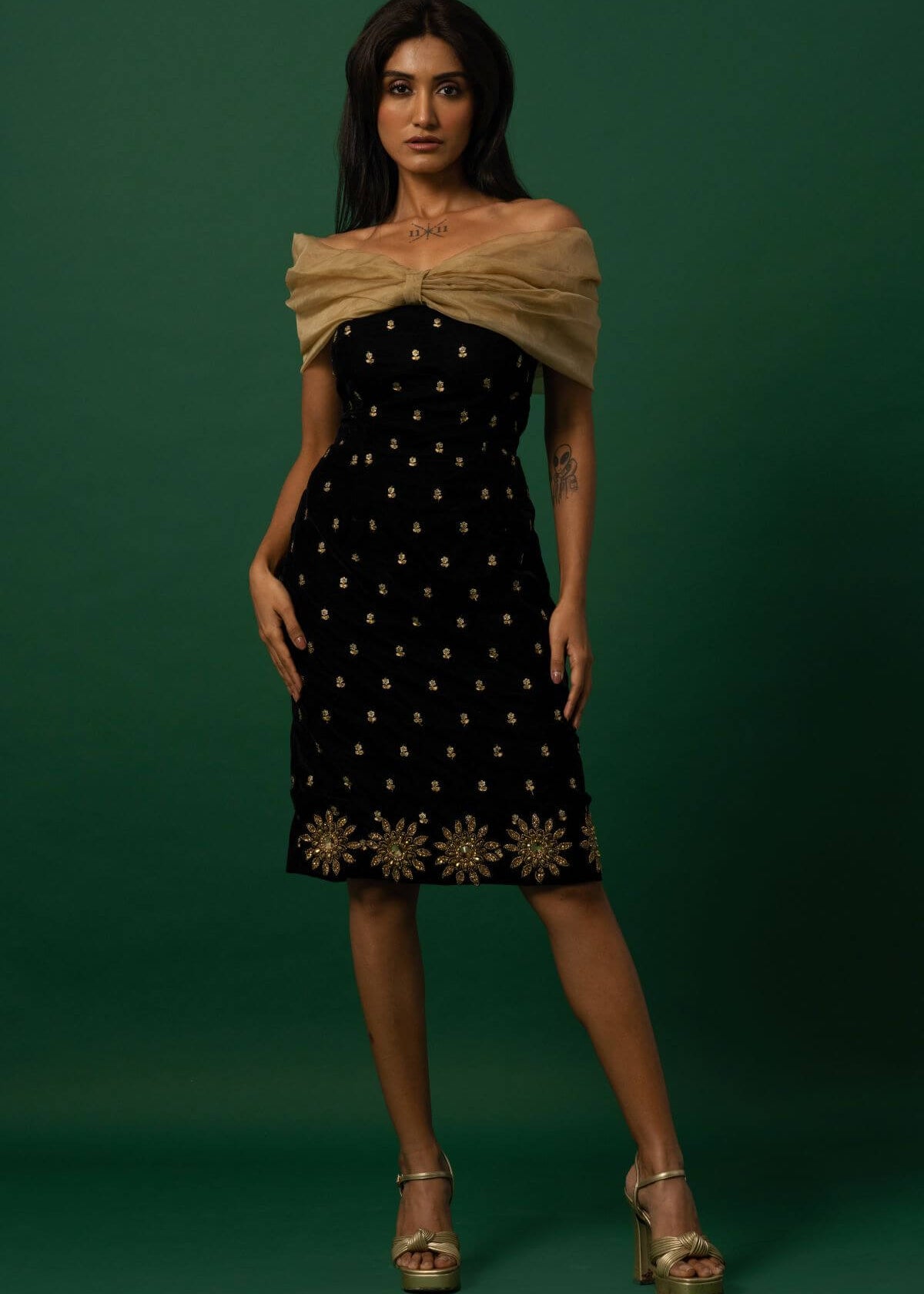 Black Velvet Dress with Organza Off-Shoulder Shrug - Anvi Couture
