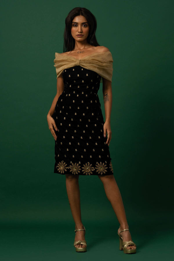 Black Velvet Dress with Organza Off-Shoulder Shrug - Anvi Couture