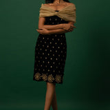 Black Velvet Dress with Organza Off-Shoulder Shrug