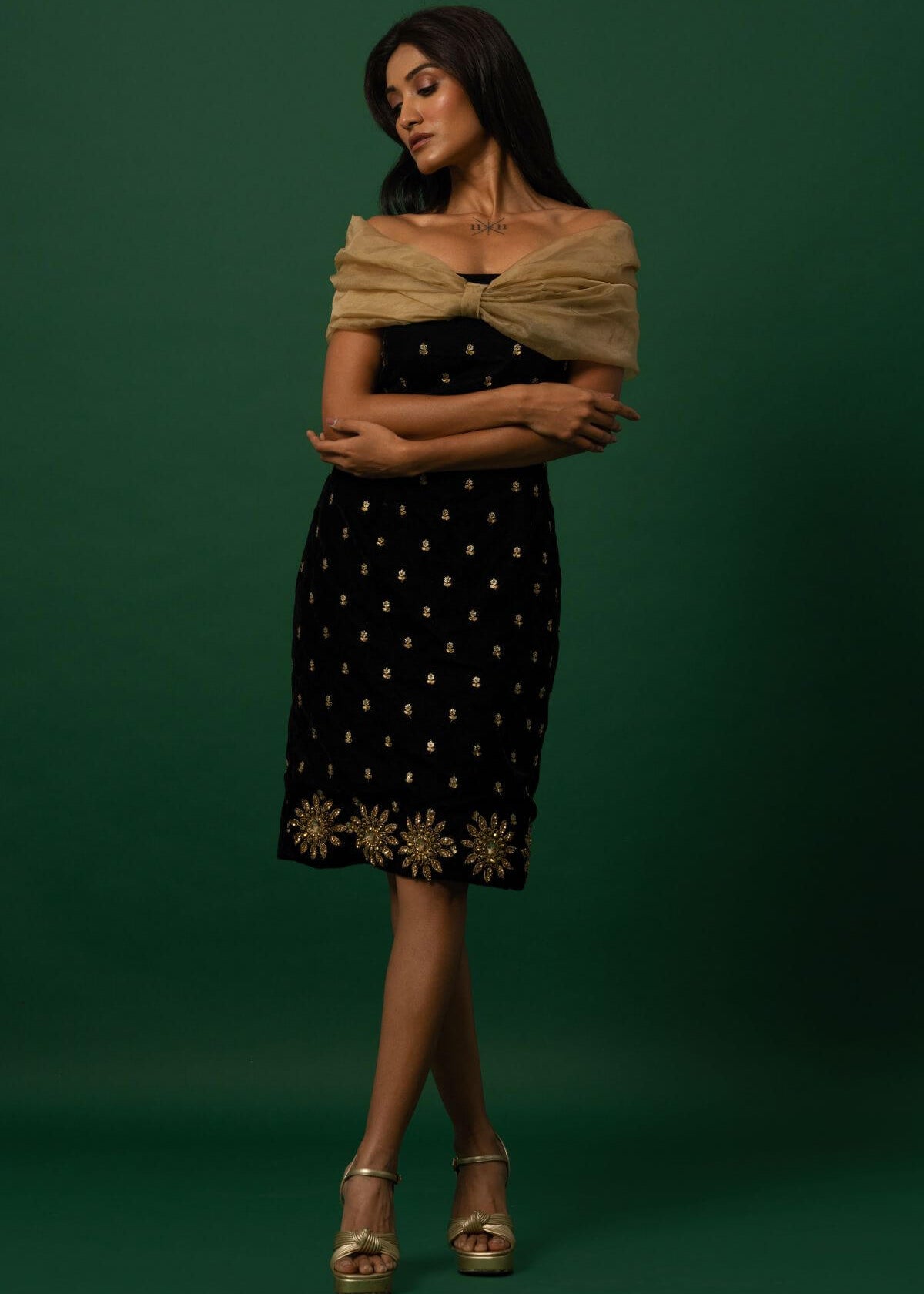 Black Velvet Dress with Organza Off-Shoulder Shrug