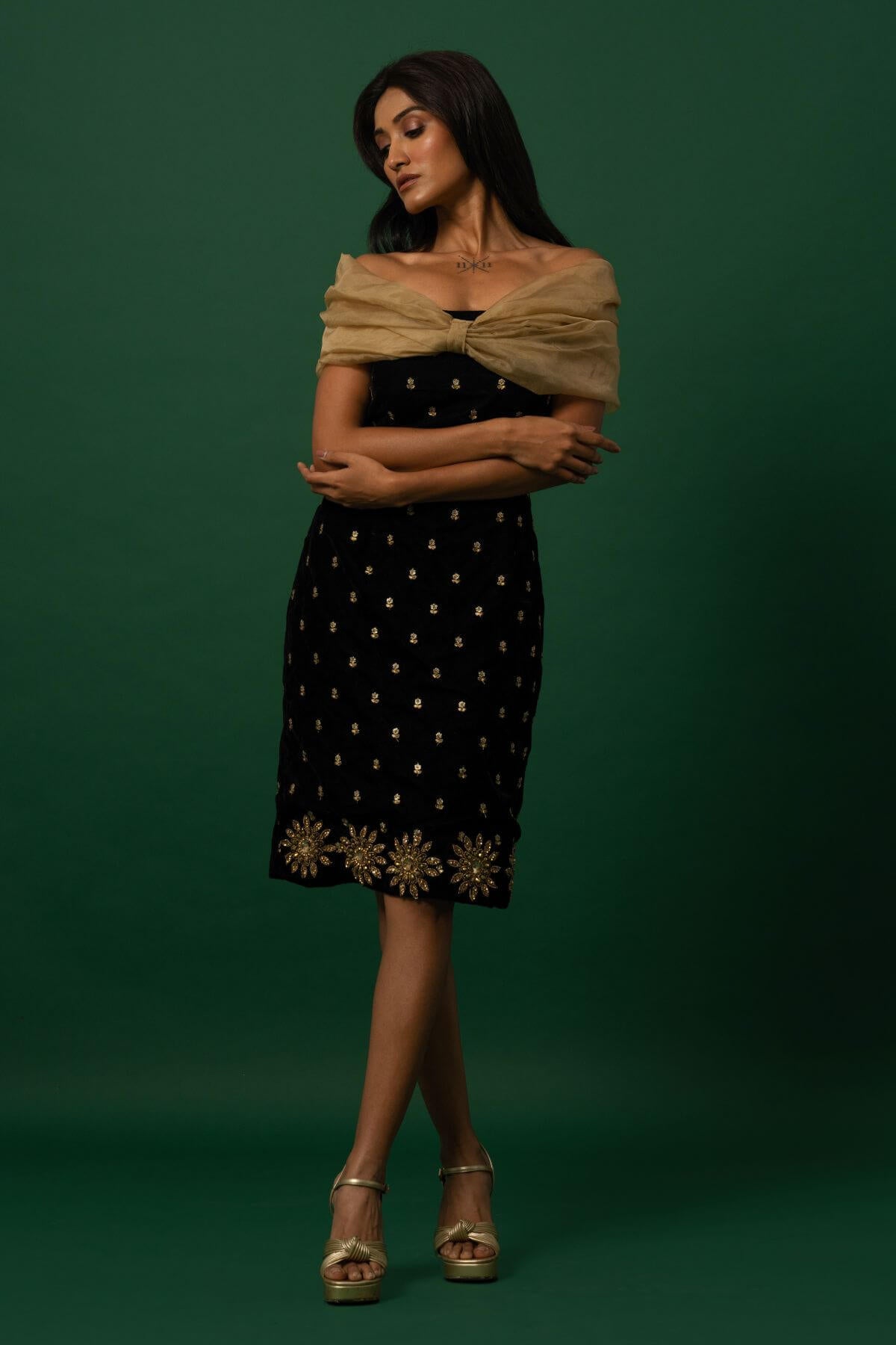 Black Velvet Dress with Organza Off-Shoulder Shrug