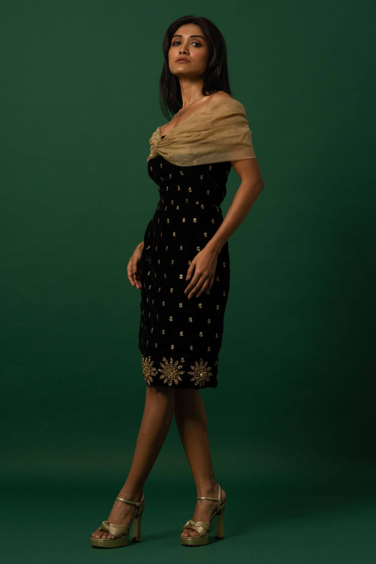 Black Velvet Dress with Organza Off-Shoulder Shrug M