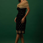 Black Velvet Dress with Organza Off-Shoulder Shrug
