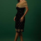 Black Velvet Dress with Organza Off-Shoulder Shrug