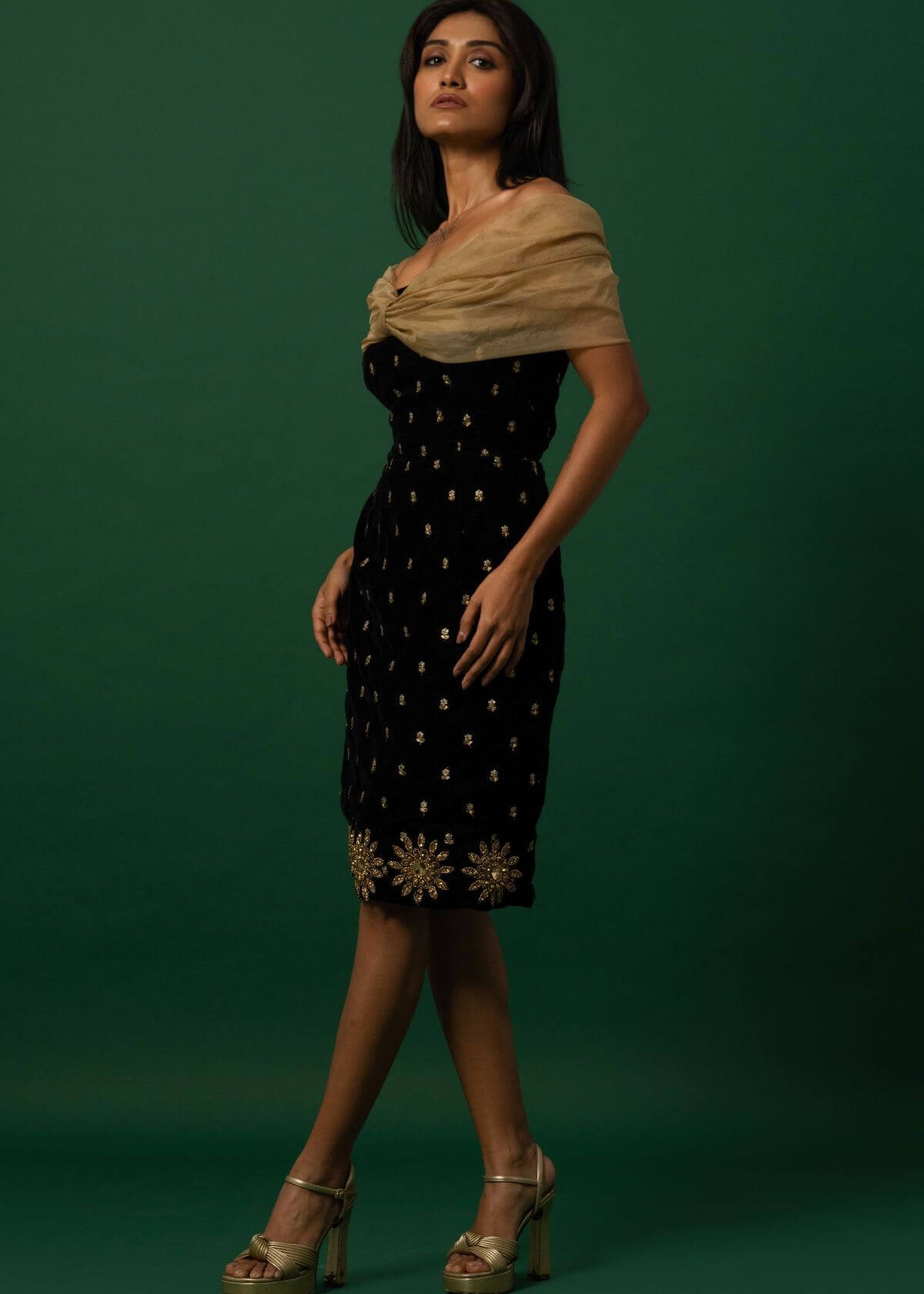 Black Velvet Dress with Organza Off-Shoulder Shrug