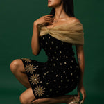 Black Velvet Dress with Organza Off-Shoulder Shrug