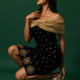 Black Velvet Dress with Organza Off-Shoulder Shrug