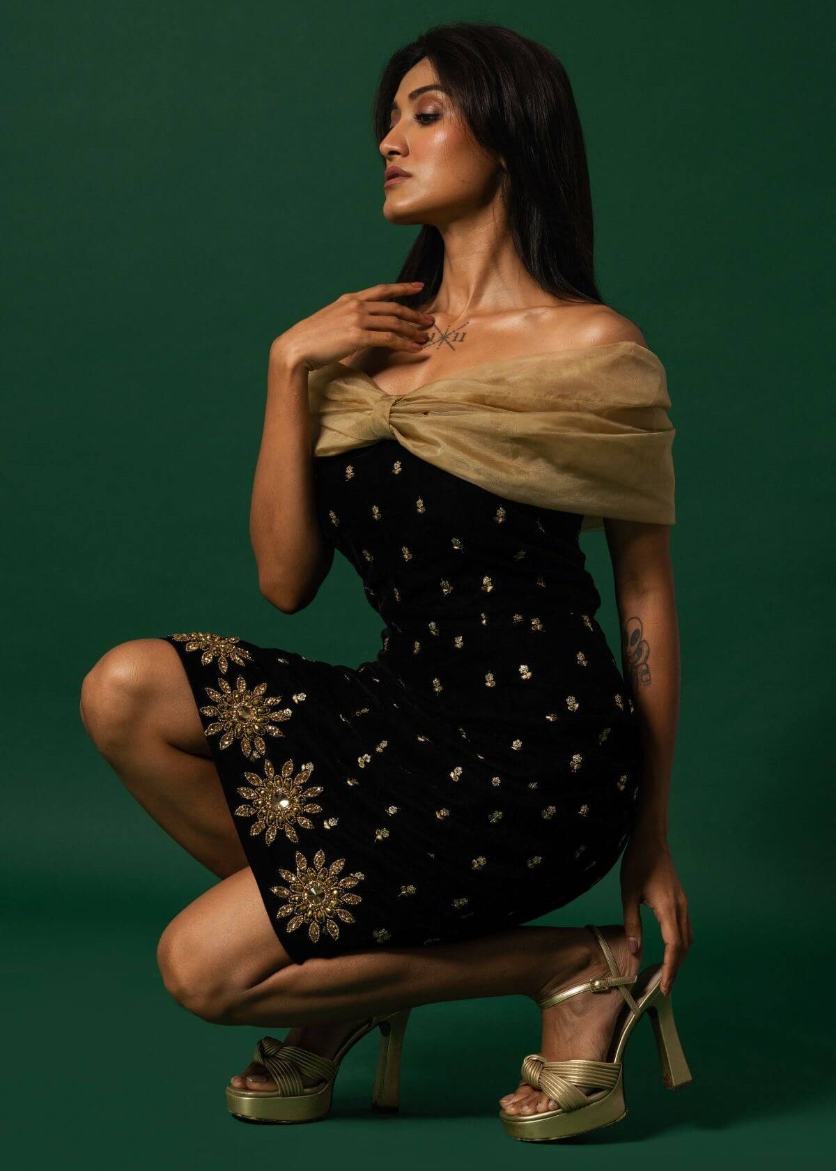 Black Velvet Dress with Organza Off-Shoulder Shrug