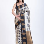 Black & White Geometric Print Silk Saree for Women - Anvi Couture