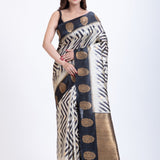 Black & White Geometric Print Silk Saree for Women - Anvi Couture