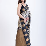 Black & White Geometric Print Silk Saree for Women - Anvi Couture