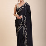Black and Gold Designer Saree with Hand Embroidered Embellishment full