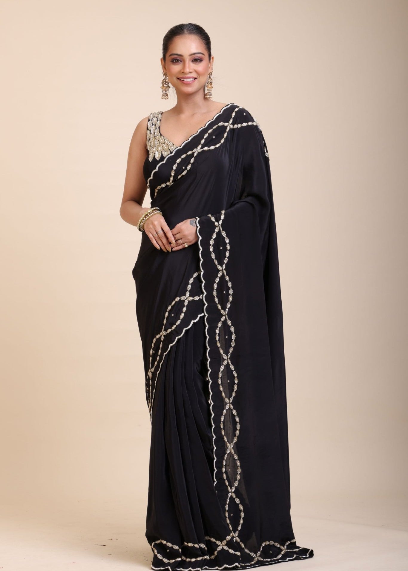 Black and Gold Designer Saree with Hand Embroidered Embellishment - Anvi Couture