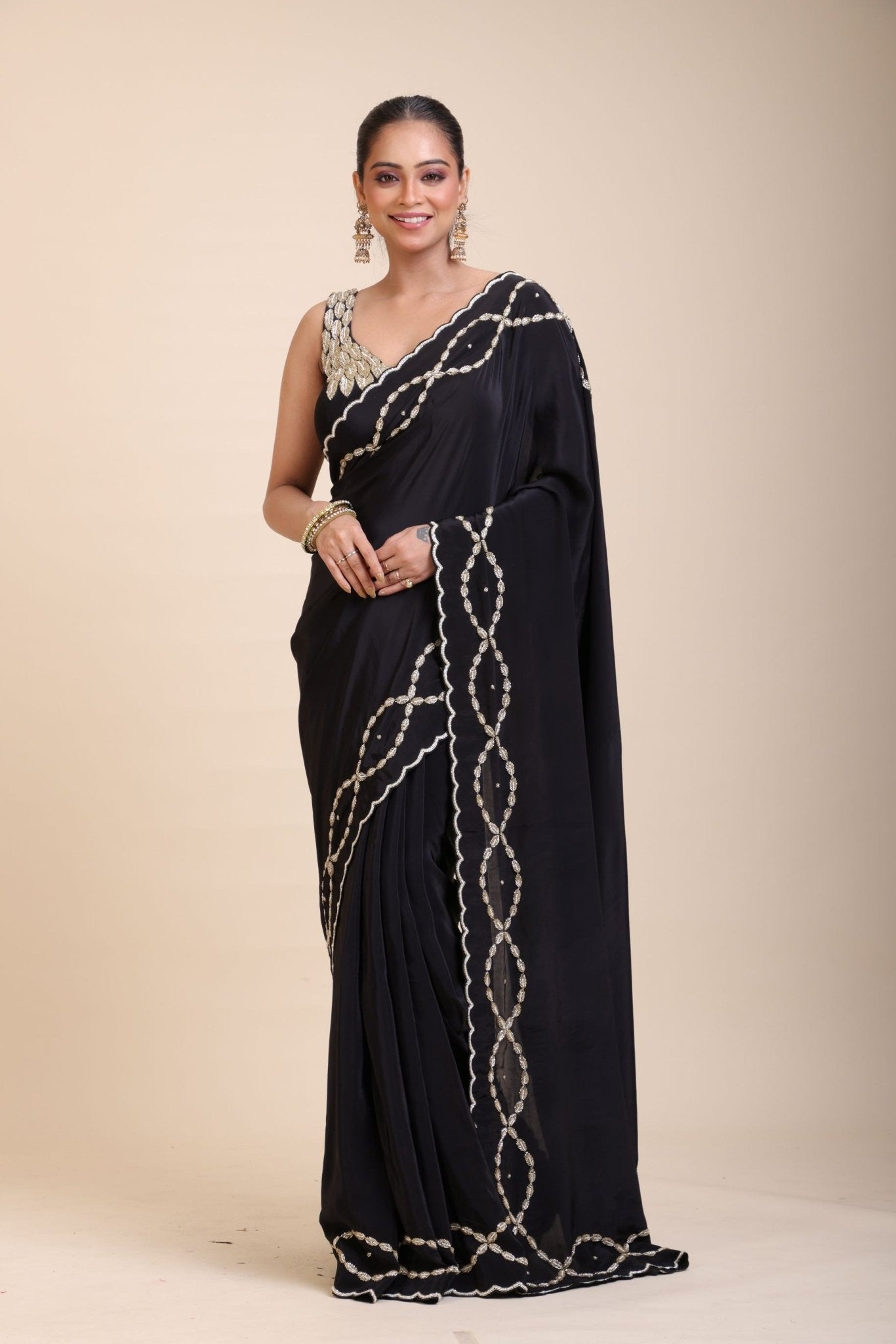 Black and Gold Designer Saree with Hand Embroidered Embellishment - Anvi Couture