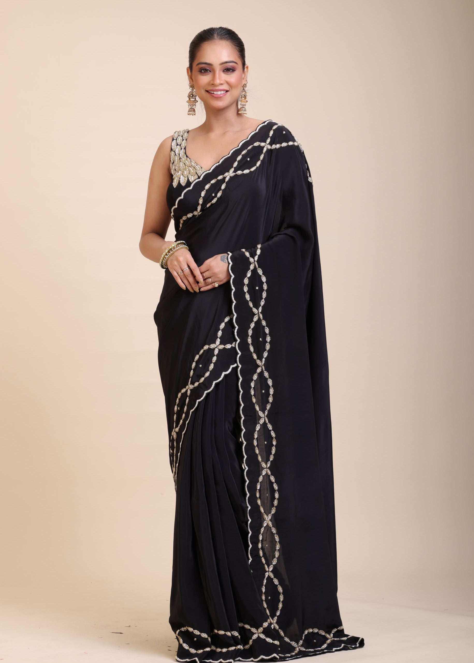 Black and Gold Designer Saree with Hand Embroidered Embellishment full