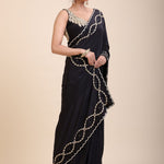 Black and Gold Designer Saree with Hand Embroidered Embellishment front