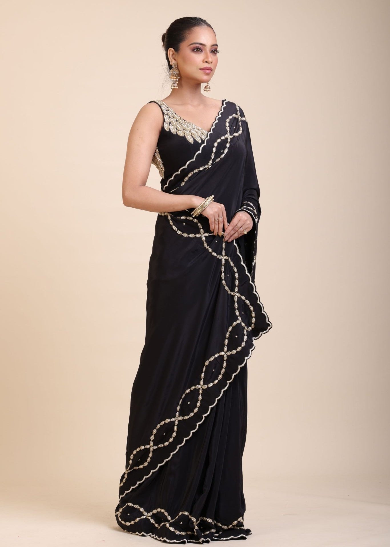 Black and Gold Designer Saree with Hand Embroidered Embellishment - Anvi Couture