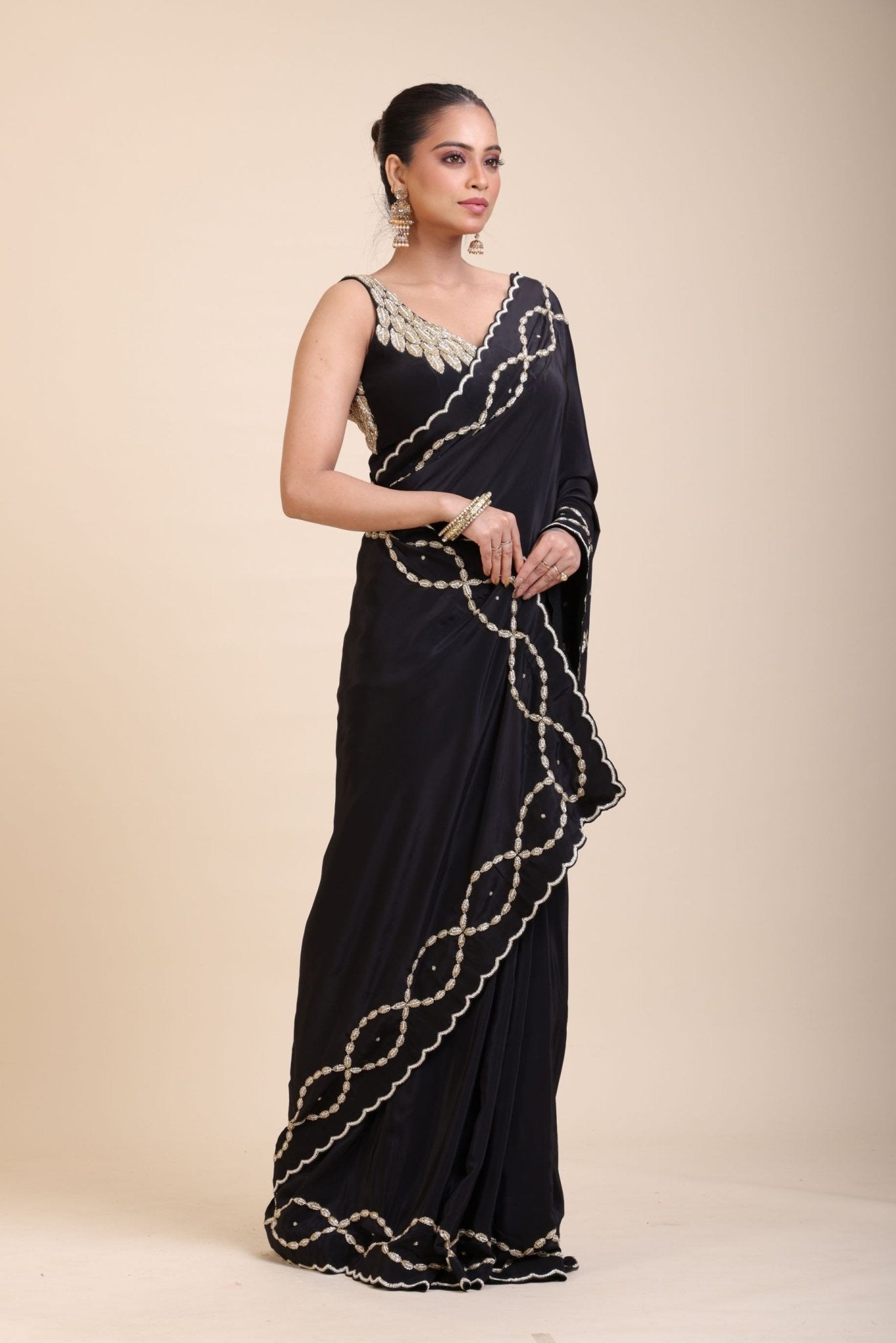 Black and Gold Designer Saree with Hand Embroidered Embellishment - Anvi Couture