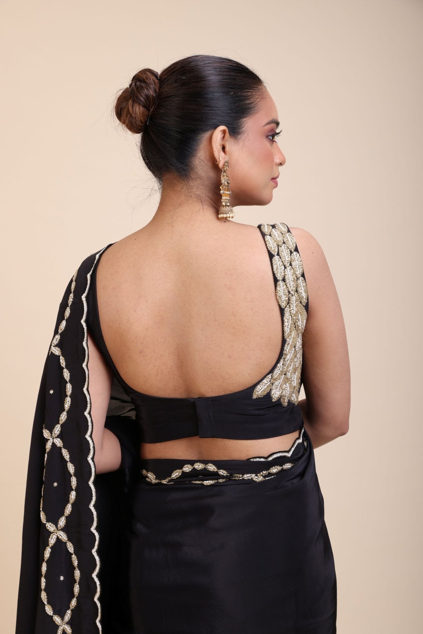 Black and Gold Designer Saree with Hand Embroidered Embellishment - Anvi Couture