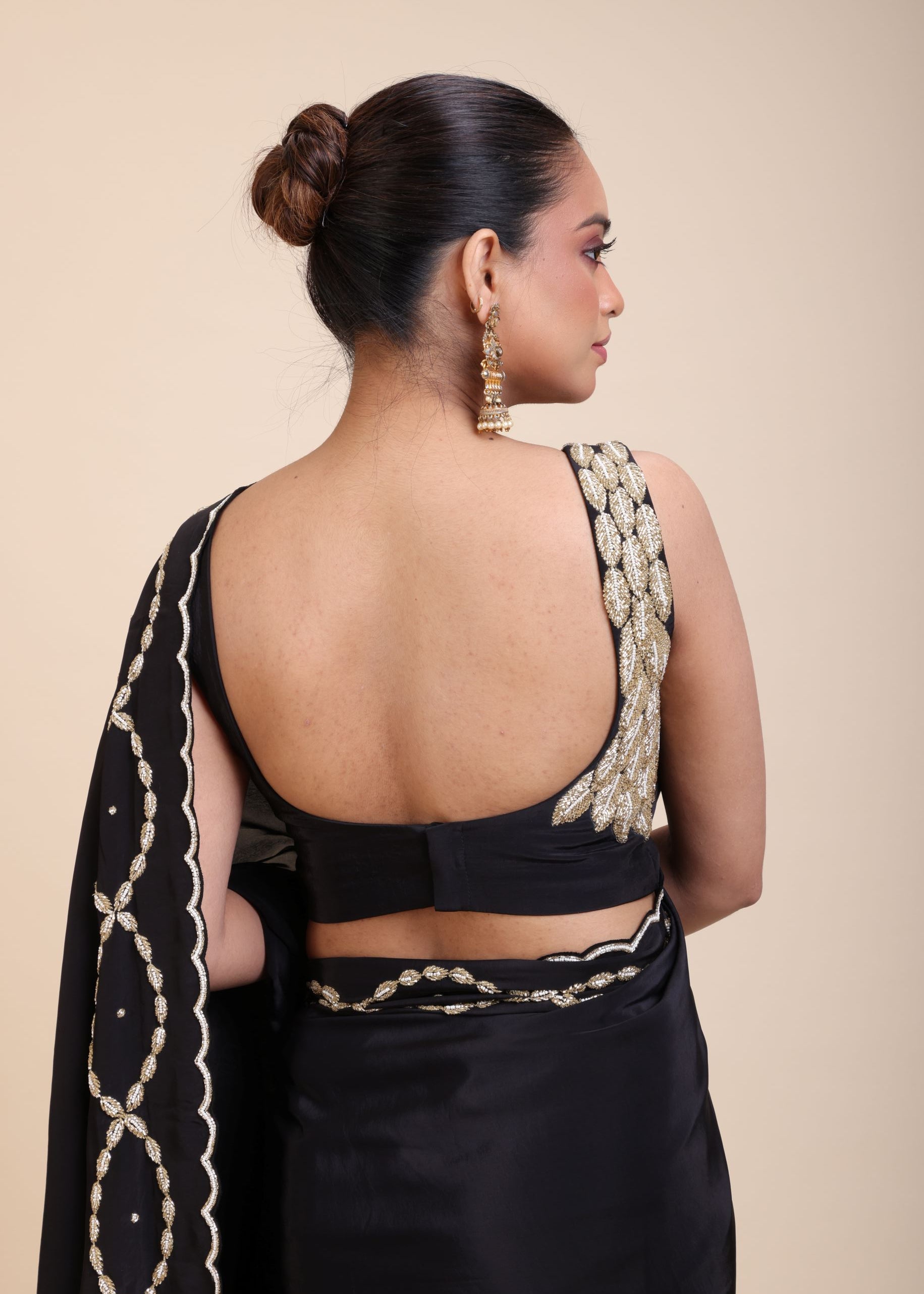 Black and Gold Designer Saree with Hand Embroidered Embellishment back