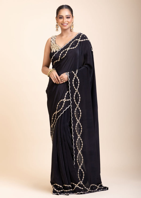 Black and Gold Designer Saree with Hand Embroidered Embellishment - Anvi Couture