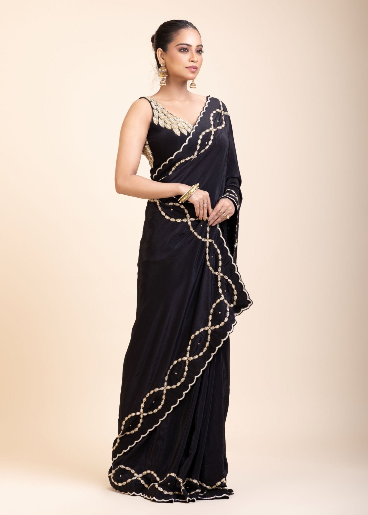 Black and Gold Designer Saree with Hand Embroidered Embellishment - Anvi Couture