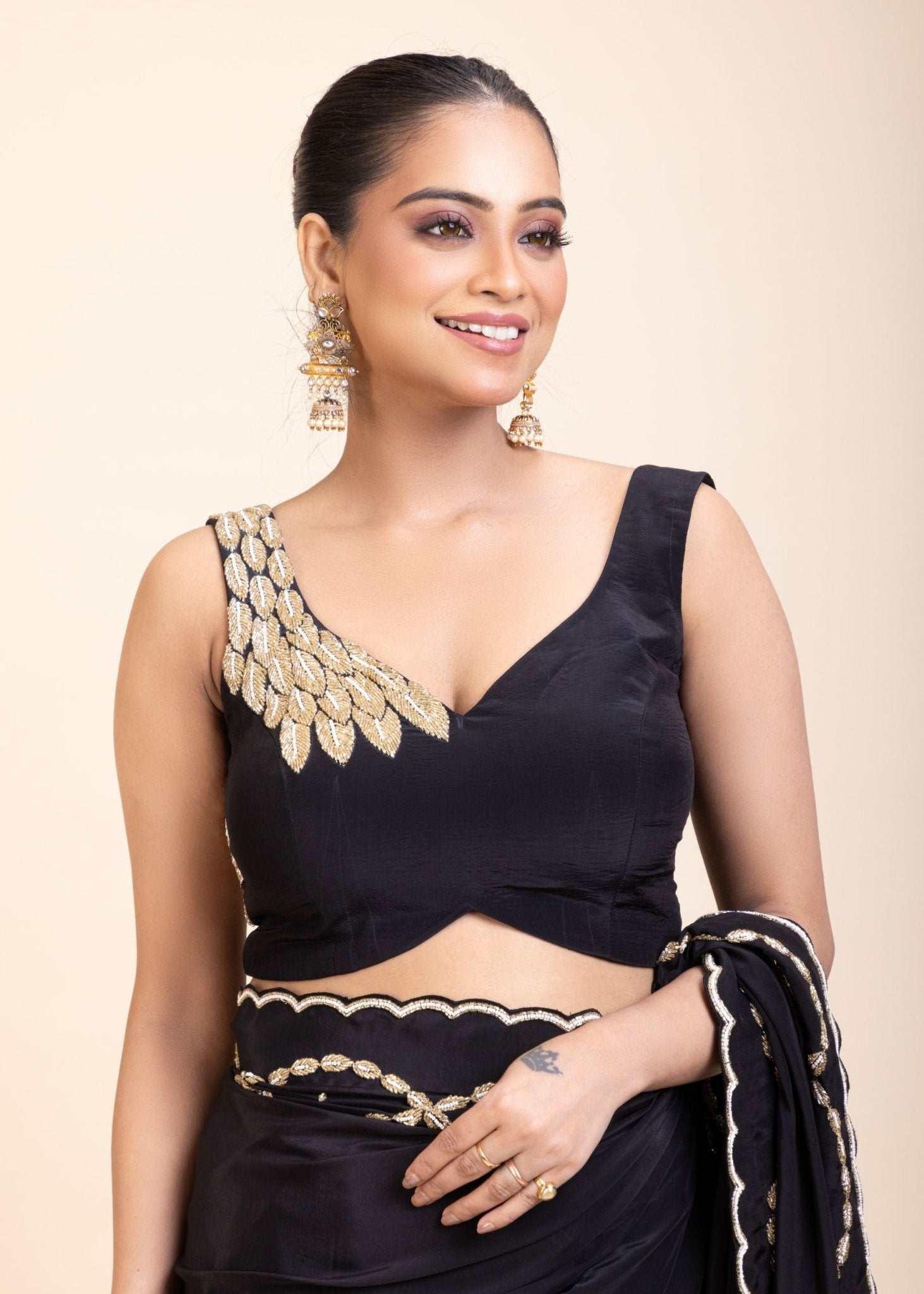 Black and Gold Designer Saree with Hand Embroidered Embellishment - Anvi Couture